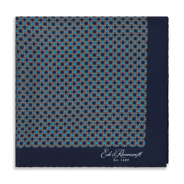Navy Blue Chain Geometric Printed Silk Pocket Square