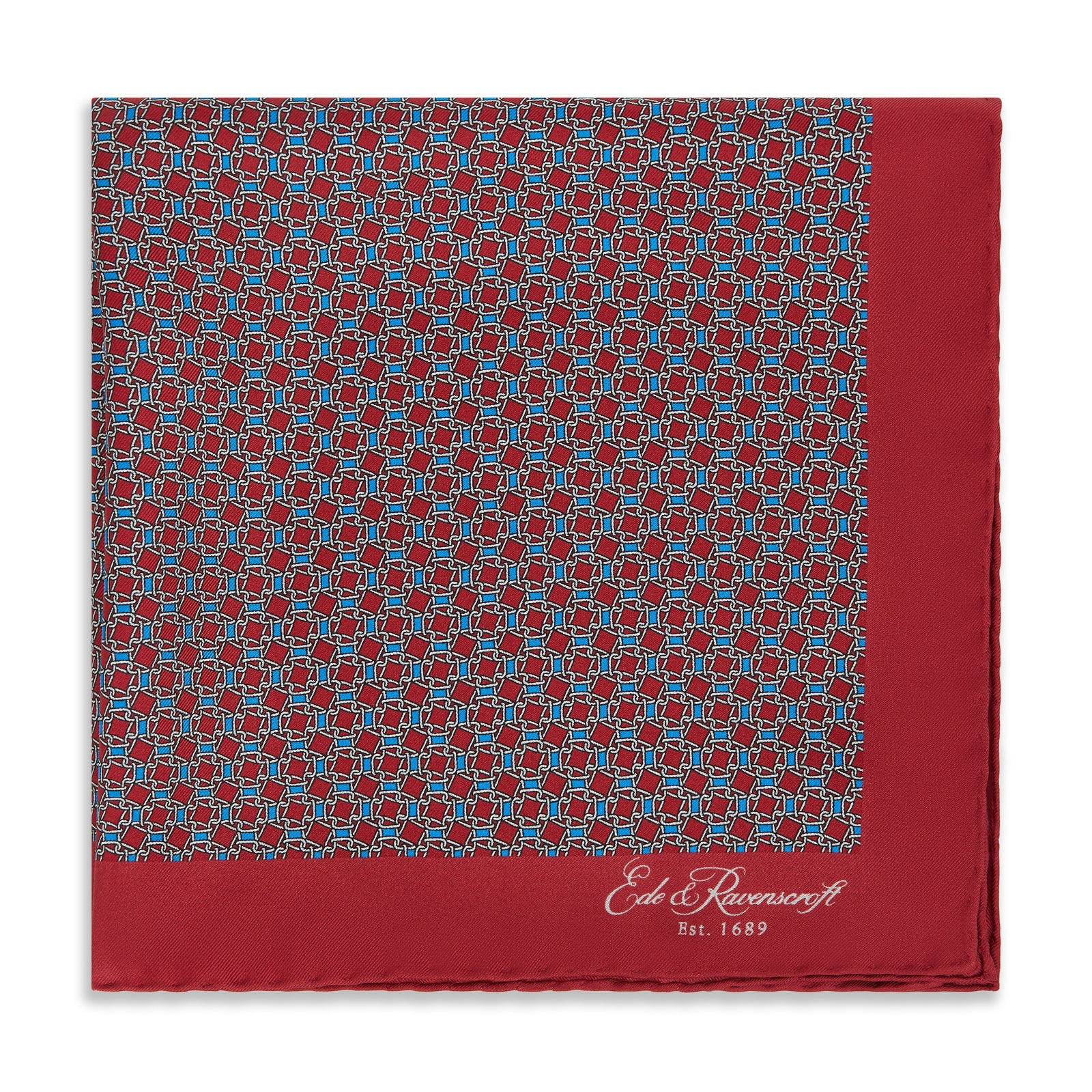 Red Blue Chain Geometric Printed Silk Pocket Square
