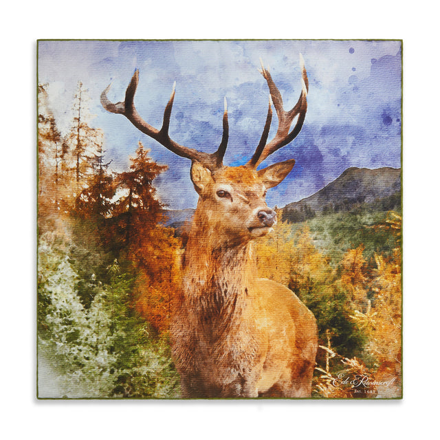 Green Blue Forest Stag Printed Silk Pocket Square