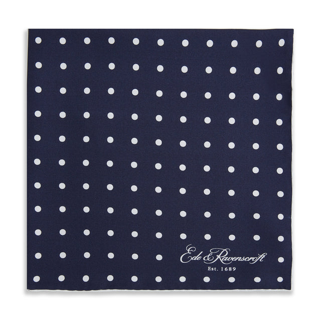 Navy White Churchill Silk Spot Pocket Square