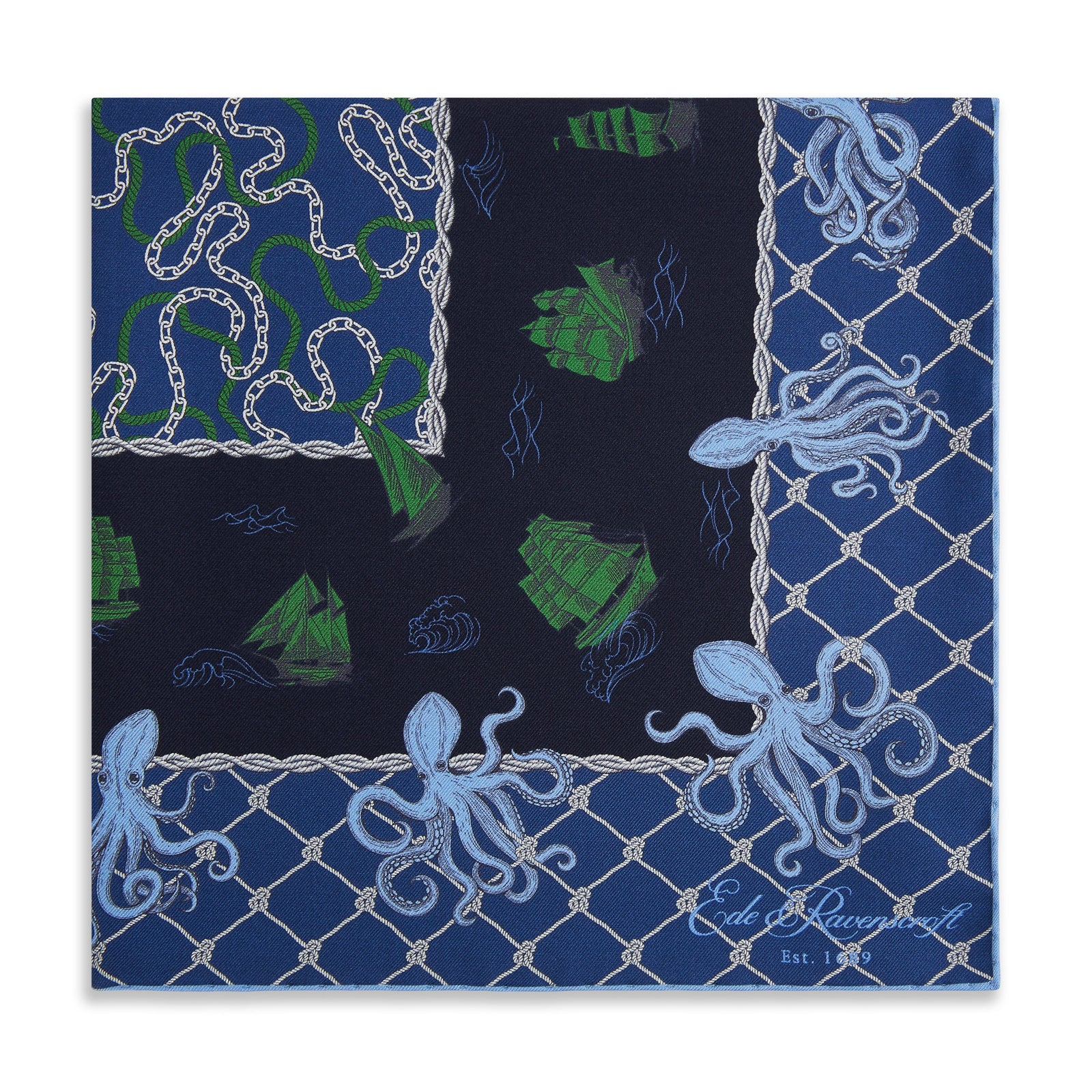 Blue Green Octopus Silk Pocket Square