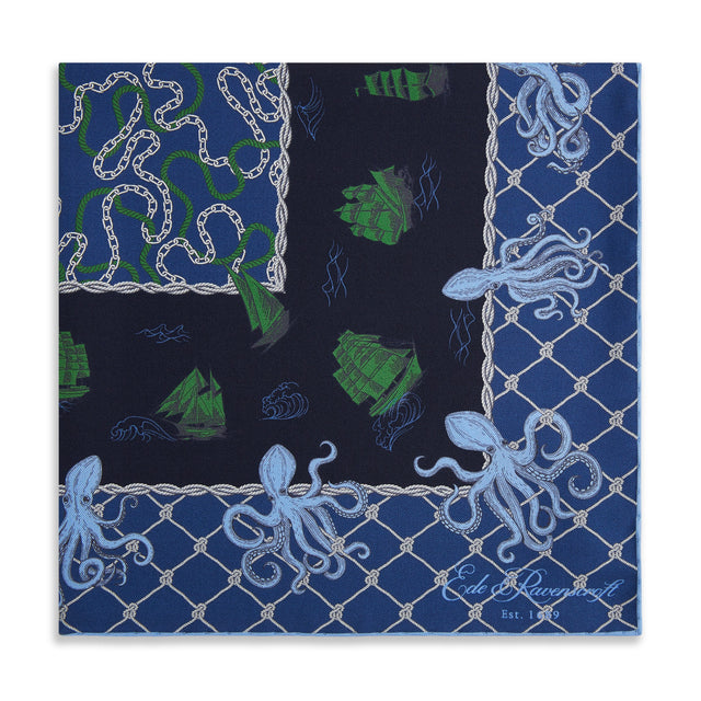 Blue Green Octopus Silk Pocket Square