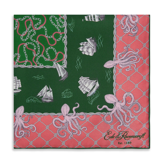 Green Pink Octopus Silk Pocket Square