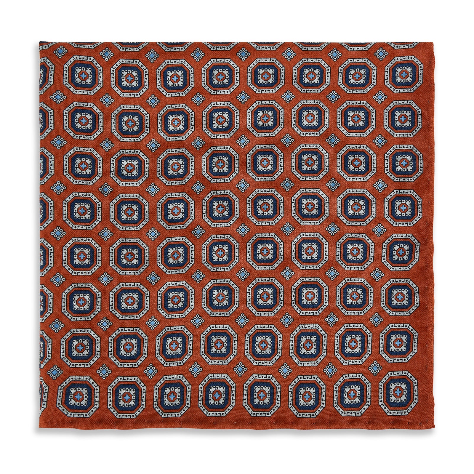 Orange Blue Medallion Madder Reversible Silk Pocket Square
