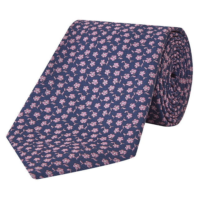 Navy and Pink Micro Flower Woven Silk Tie