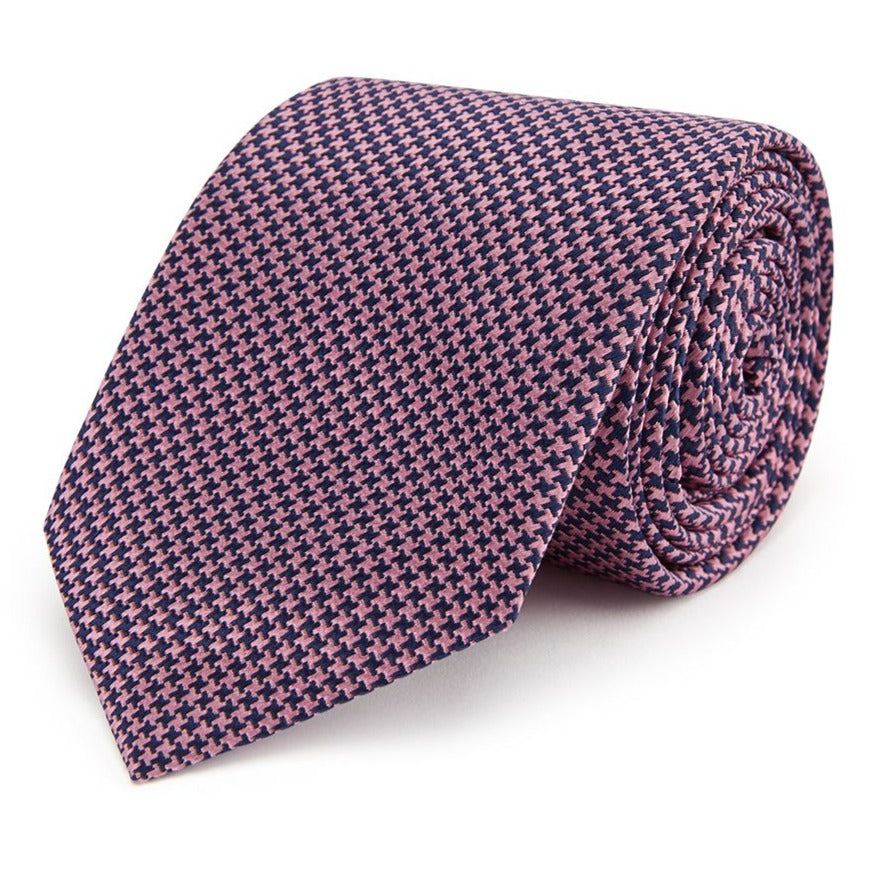 Navy and Pink Houndstooth Woven Silk Tie