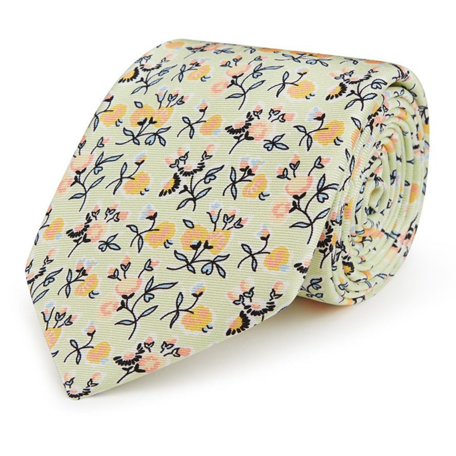 Green and Yellow Climbing Large Floral Printed Silk Tie