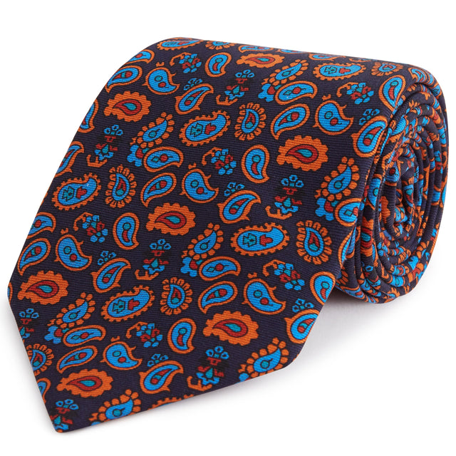 Navy and Orange Paisley Madder Printed Silk Tie
