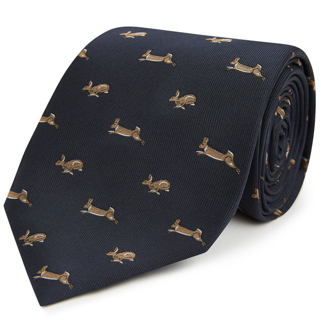 Navy Running Rabbit Woven Silk Tie