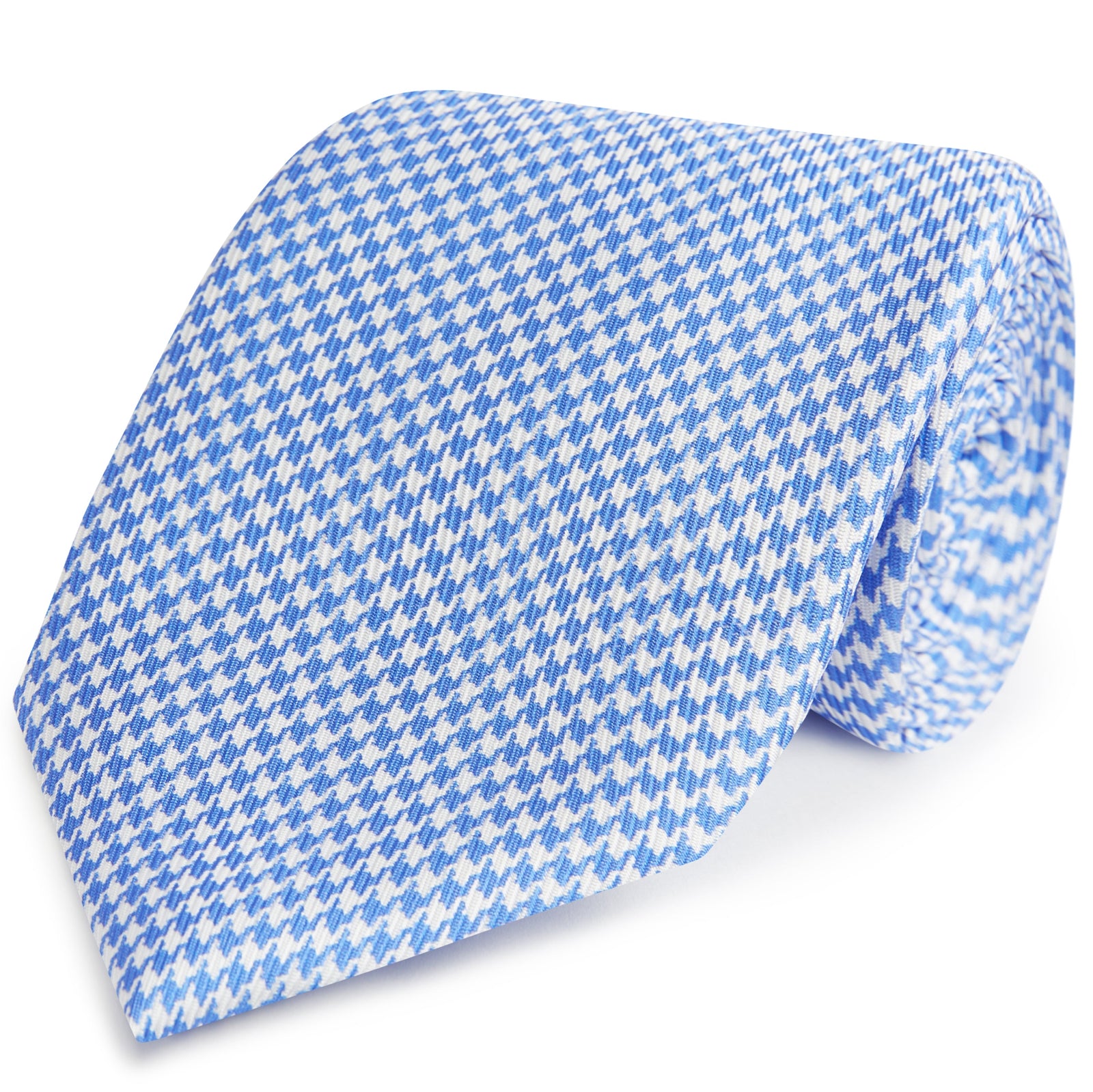 Pale Blue White Puppytooth Printed Silk Tie