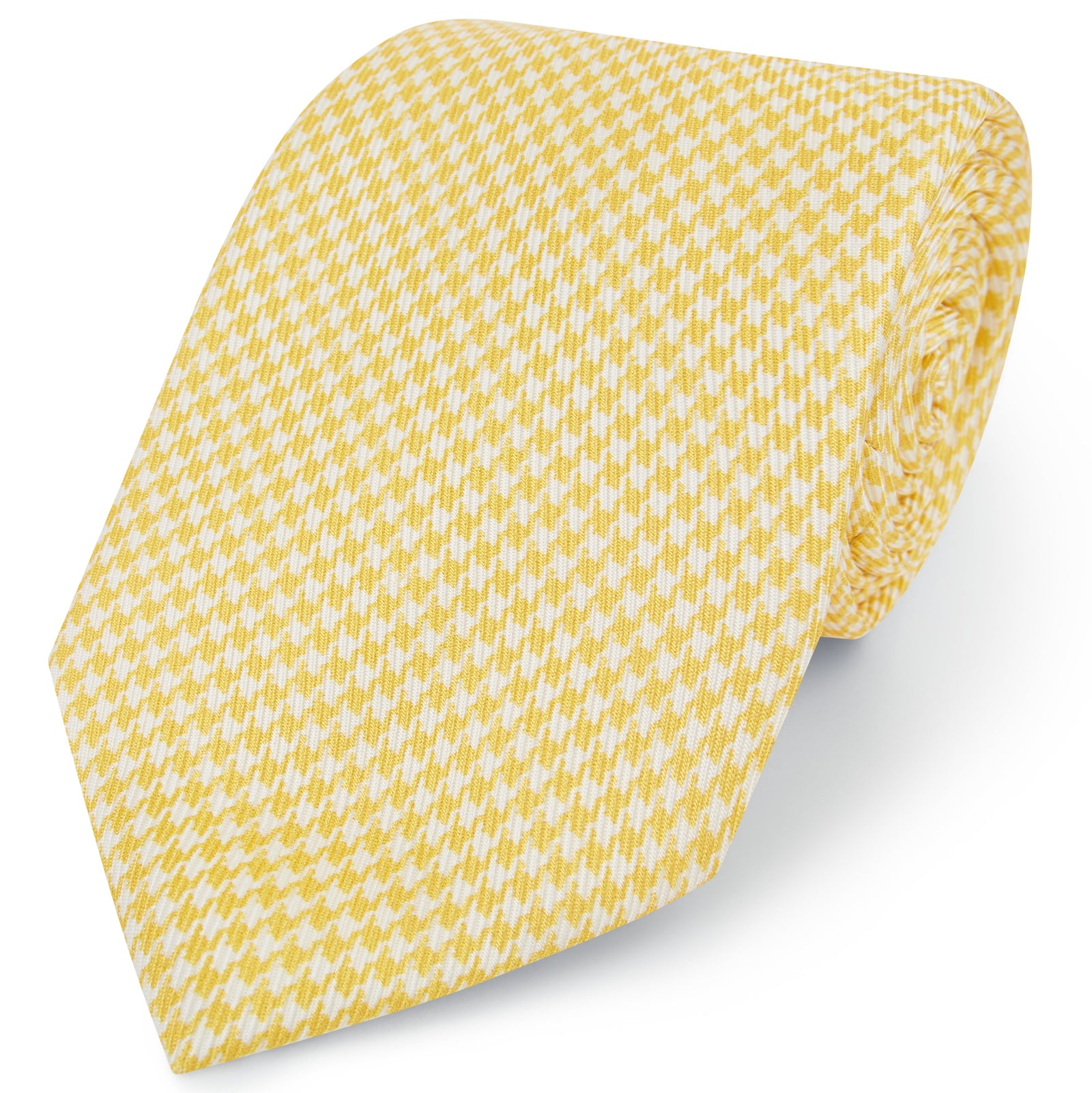 Pale Yellow White Puppytooth Printed Silk Tie