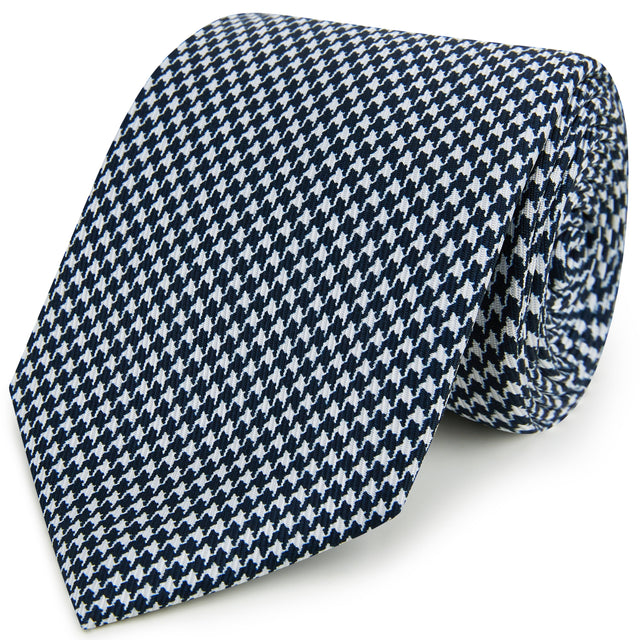 Navy White Puppytooth Printed Silk Tie