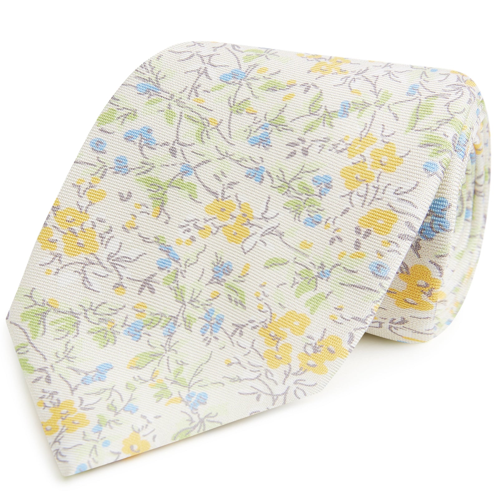 Yellow And Blue Climbing Floral Printed Silk Tie
