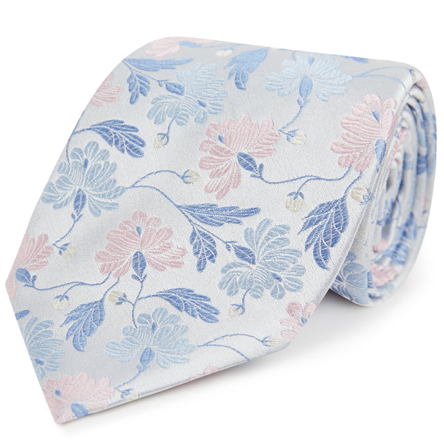Blue Large Floral Woven Silk Tie