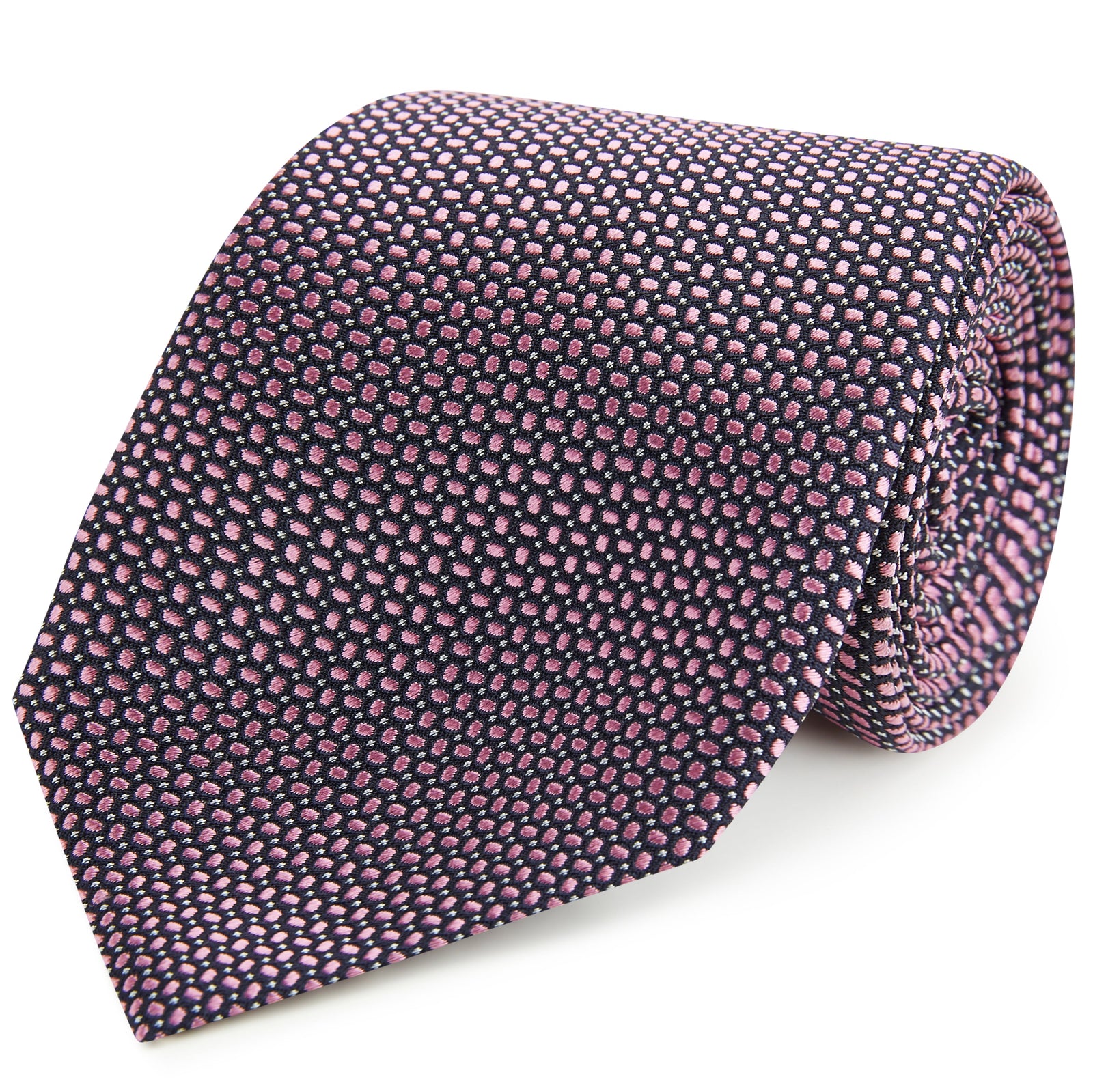 Pink Navy Spot Dash Woven Silk Tie
