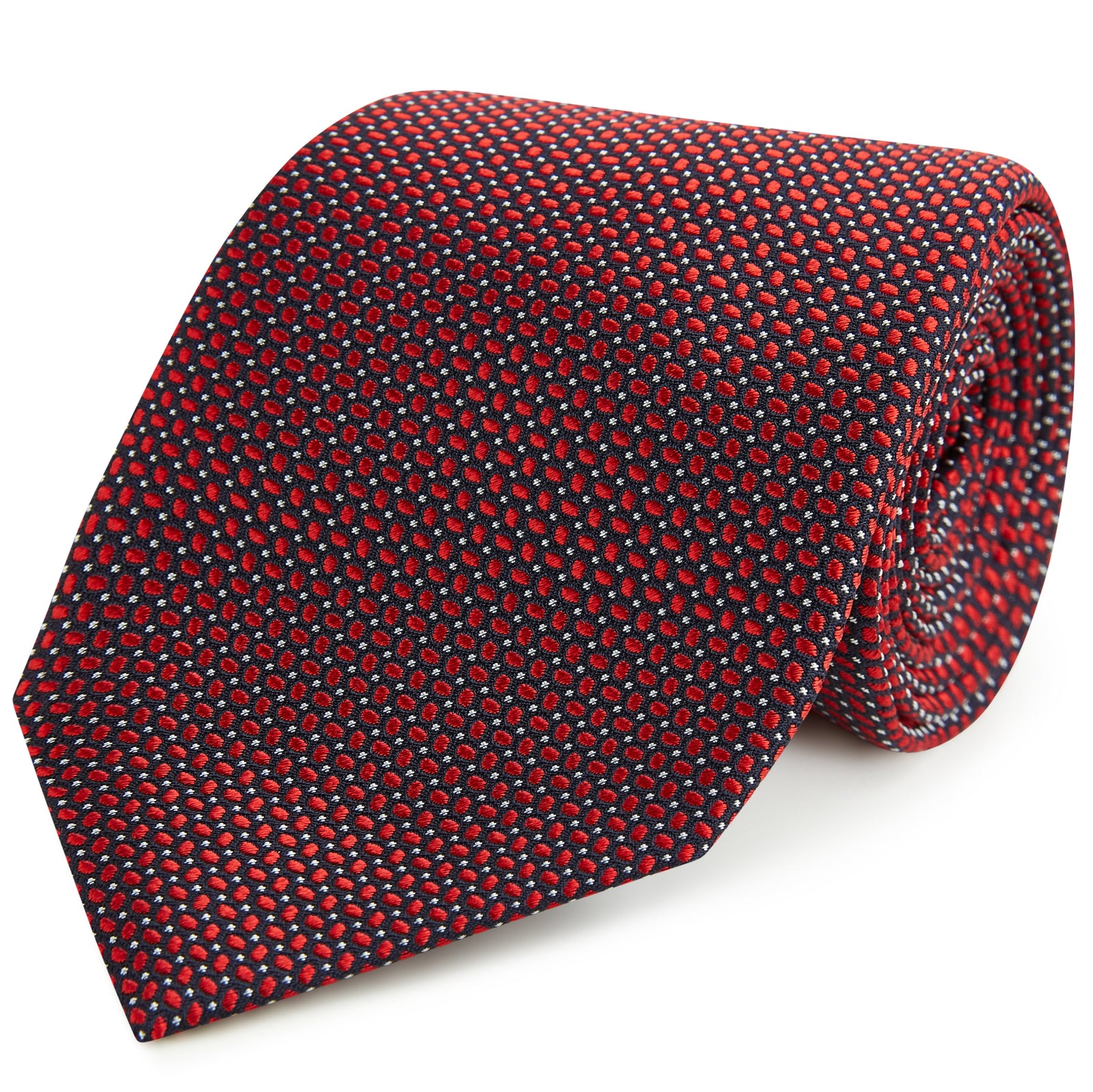Red Navy Spot Dash Woven Silk Tie