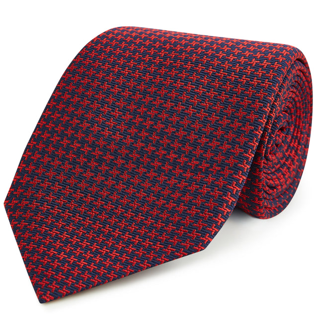 Red Navy Micro Houndstooth Woven Silk Tie