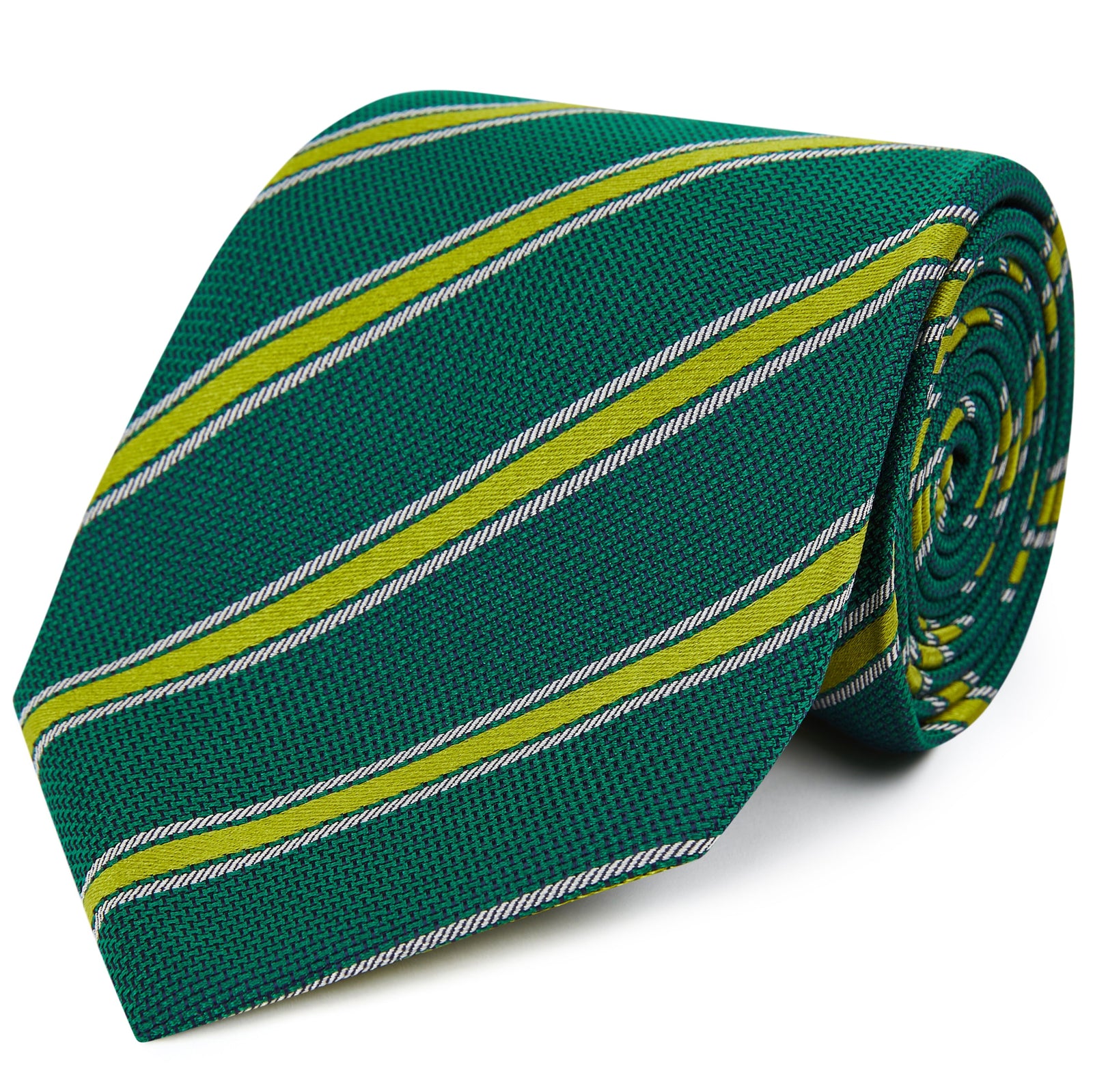 Green Yellow Textured Stripe Woven Silk Tie