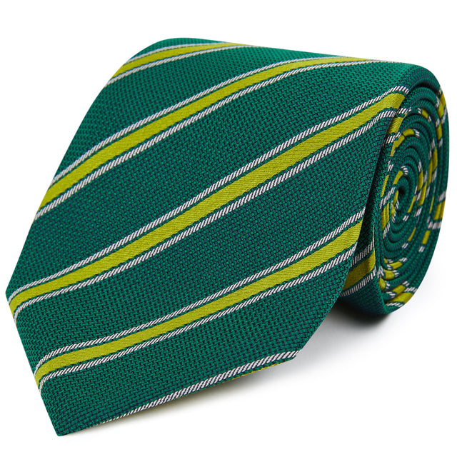 Green Yellow Textured Stripe Woven Silk Tie