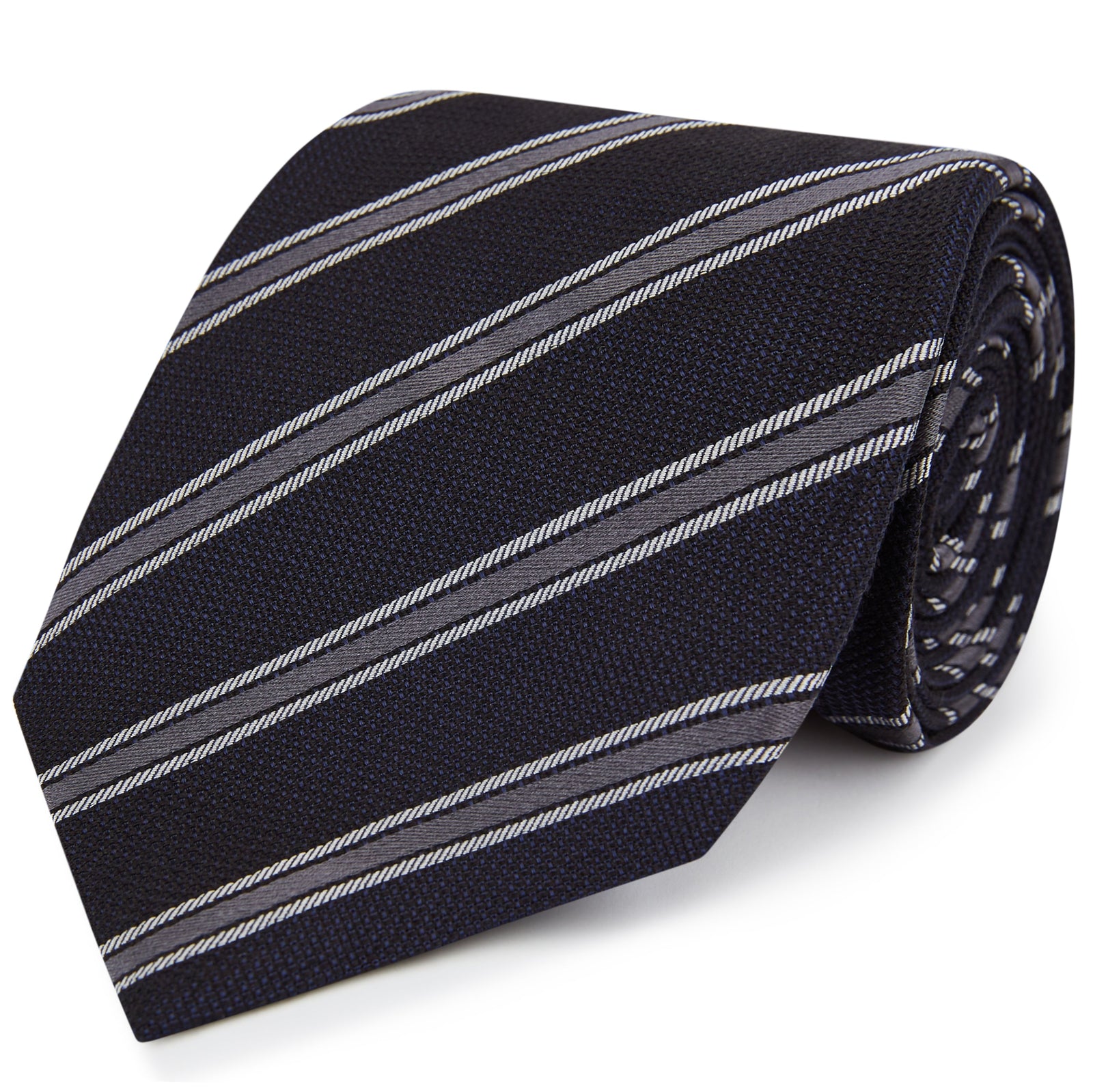 Navy Grey Textured Stripe Woven Silk Tie