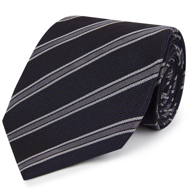 Navy Grey Textured Stripe Woven Silk Tie