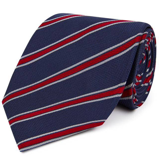 Navy Red Textured Stripe Woven Silk Tie