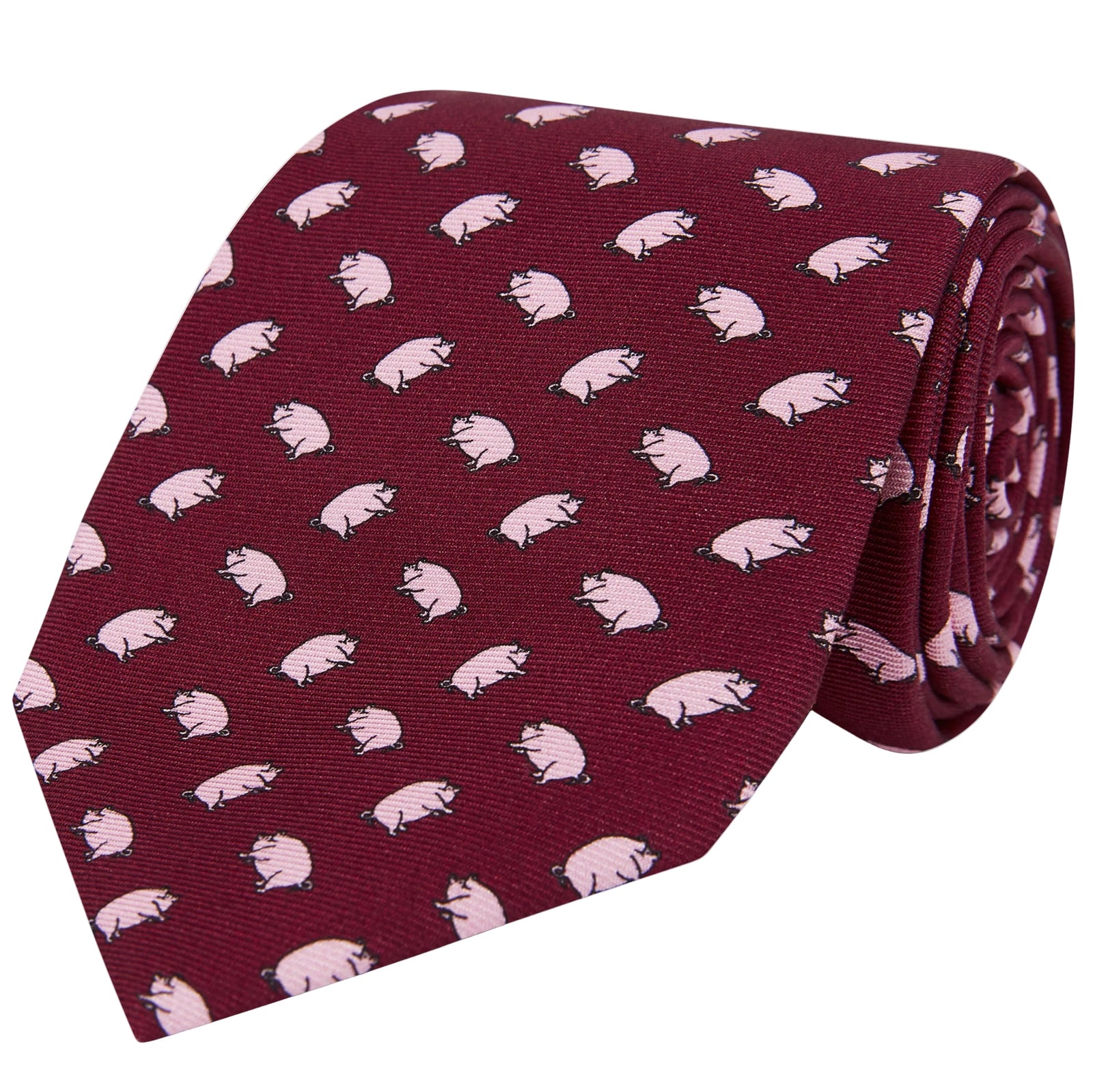 Burgundy Pink Micro Pig Motif Printed Silk Tie