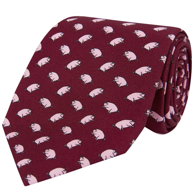 Burgundy Pink Micro Pig Motif Printed Silk Tie