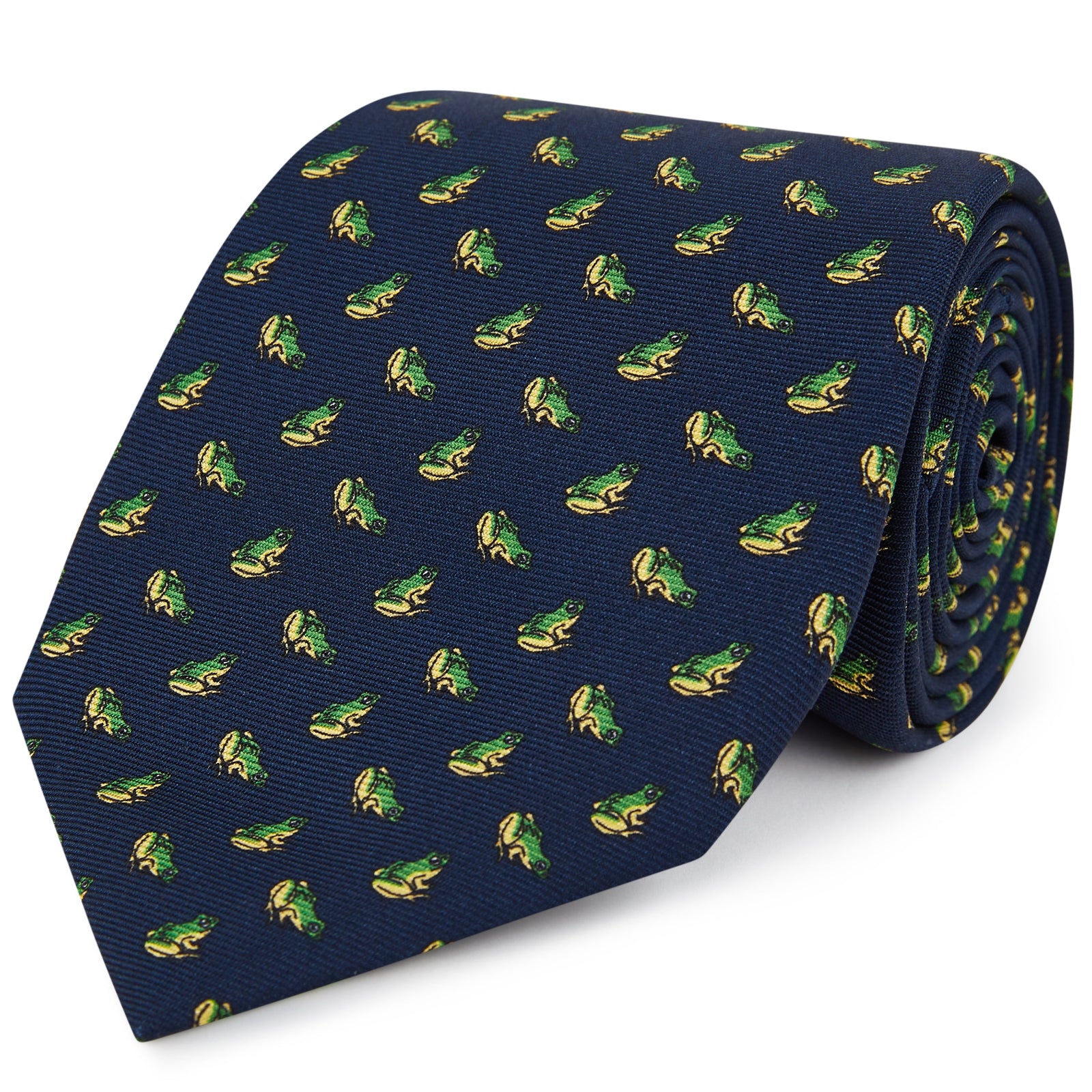 Navy Green Micro Frog Motif Printed Silk Tie