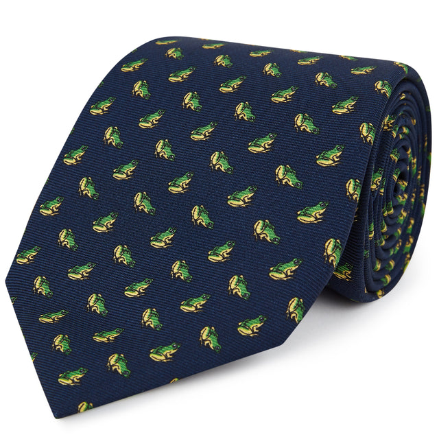 Navy Green Micro Frog Motif Printed Silk Tie