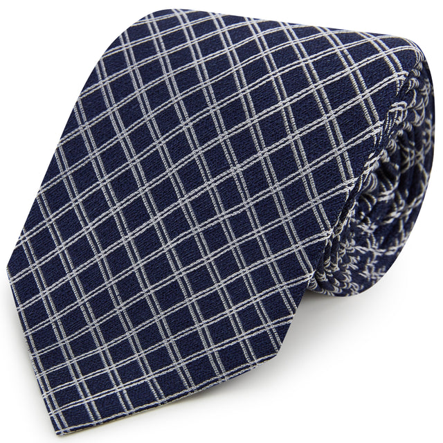 Navy White Textured Check Woven Silk Tie