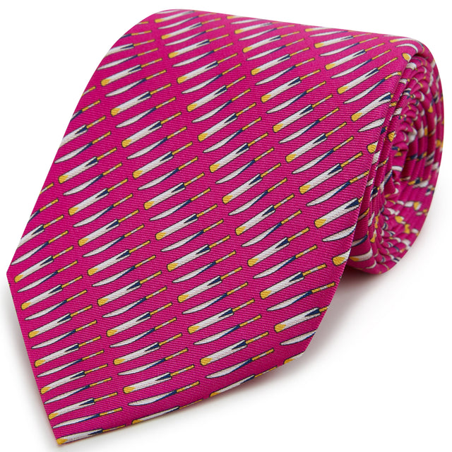 Pink Cricket Bat Print Silk Tie