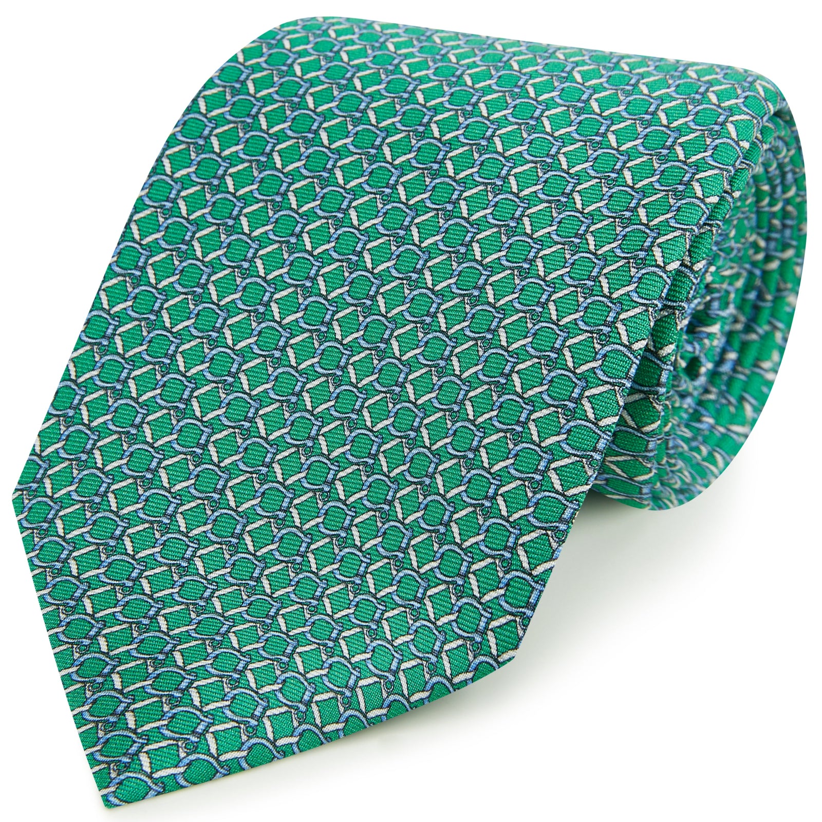 Green Equestrian Buckle Print Silk Tie