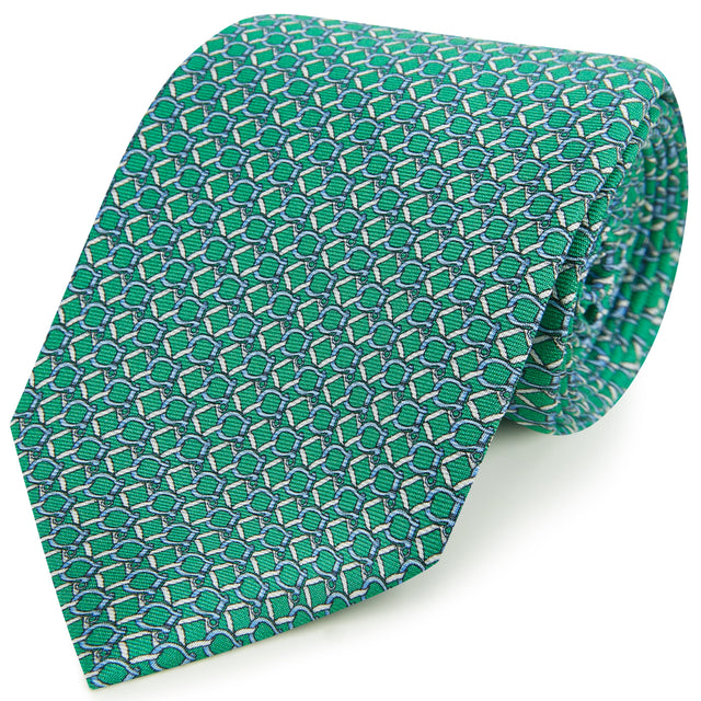 Green Equestrian Buckle Print Silk Tie