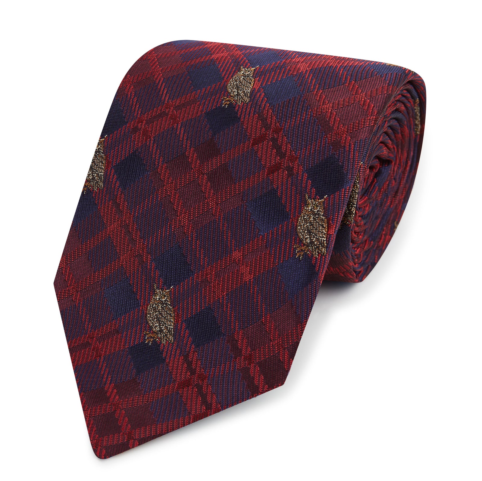 Red Blue Owl Check Woven Silk Tie