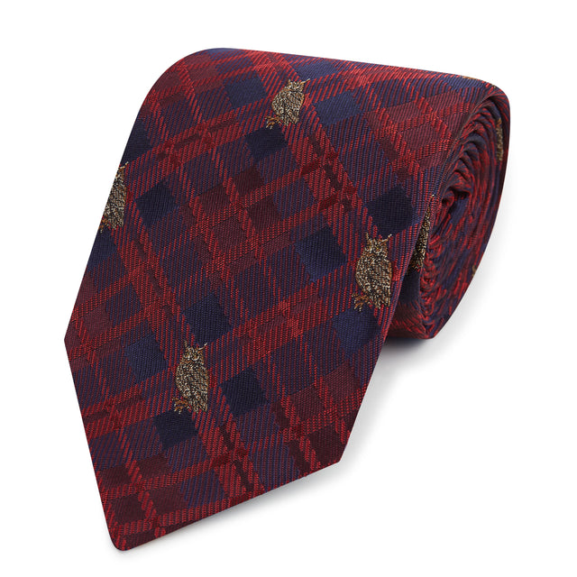 Red Blue Owl Check Woven Silk Tie