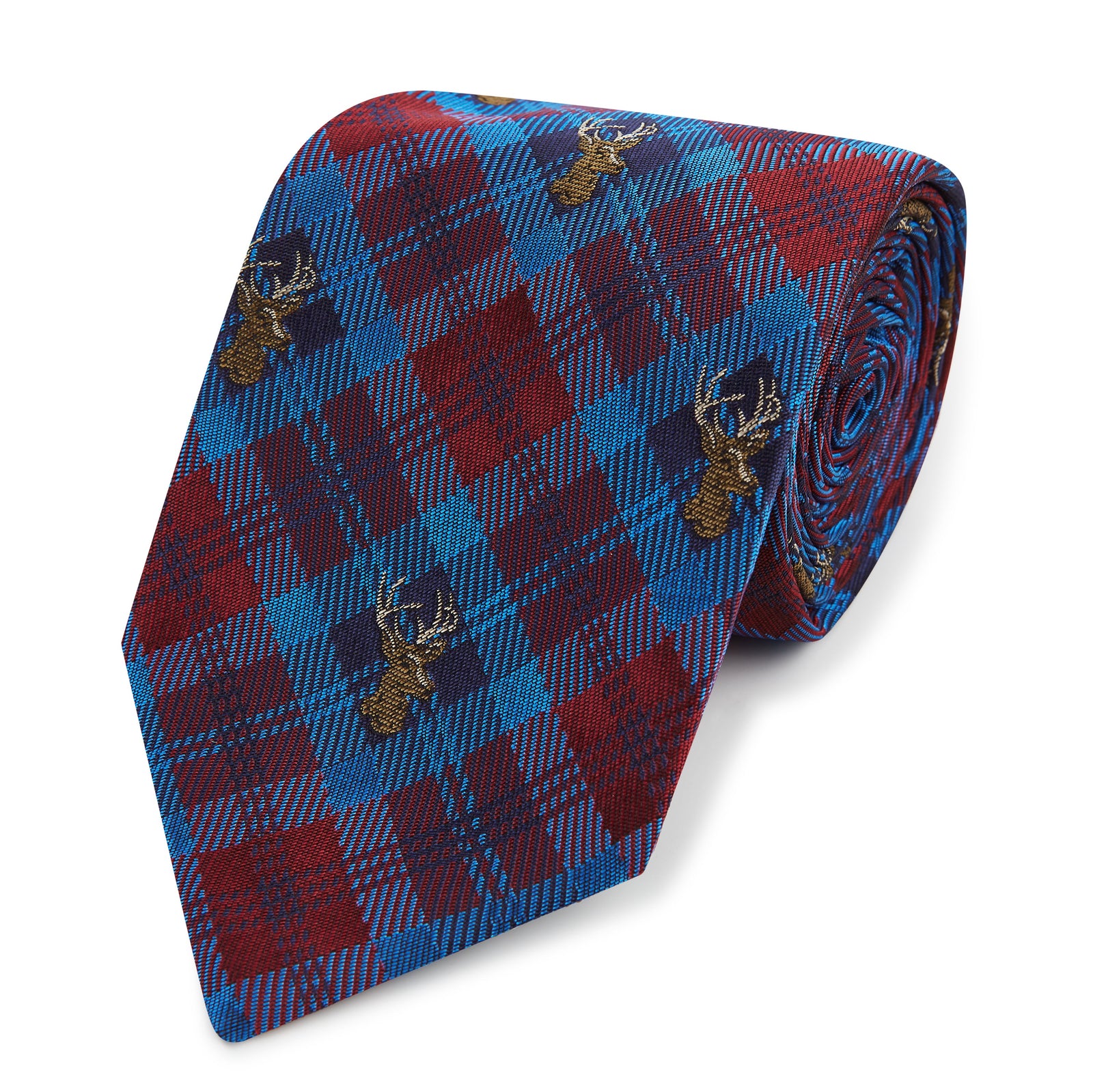 Blue Red Stag Check Woven Silk Tie