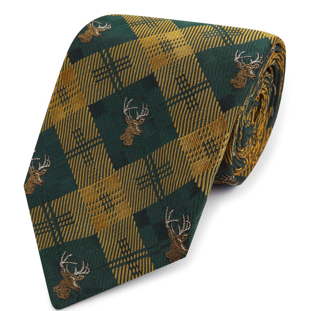 Green Gold Stag Check Woven Silk Tie
