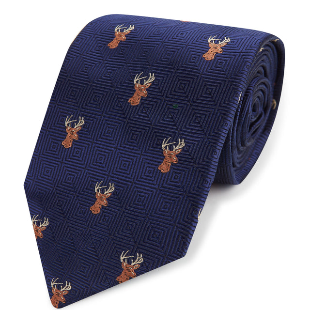 Navy Stag Diamond Woven Silk Tie