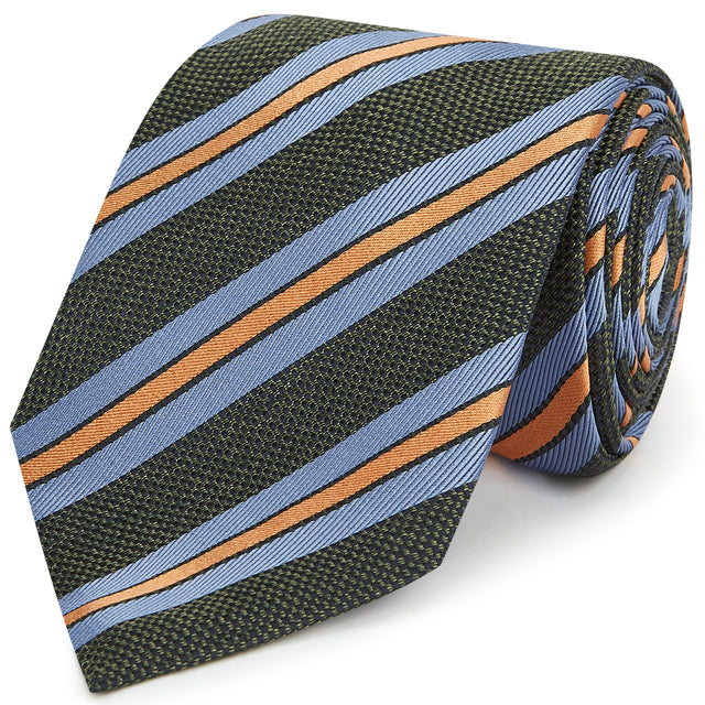 Green Blue Textured Stripe Woven Silk Tie