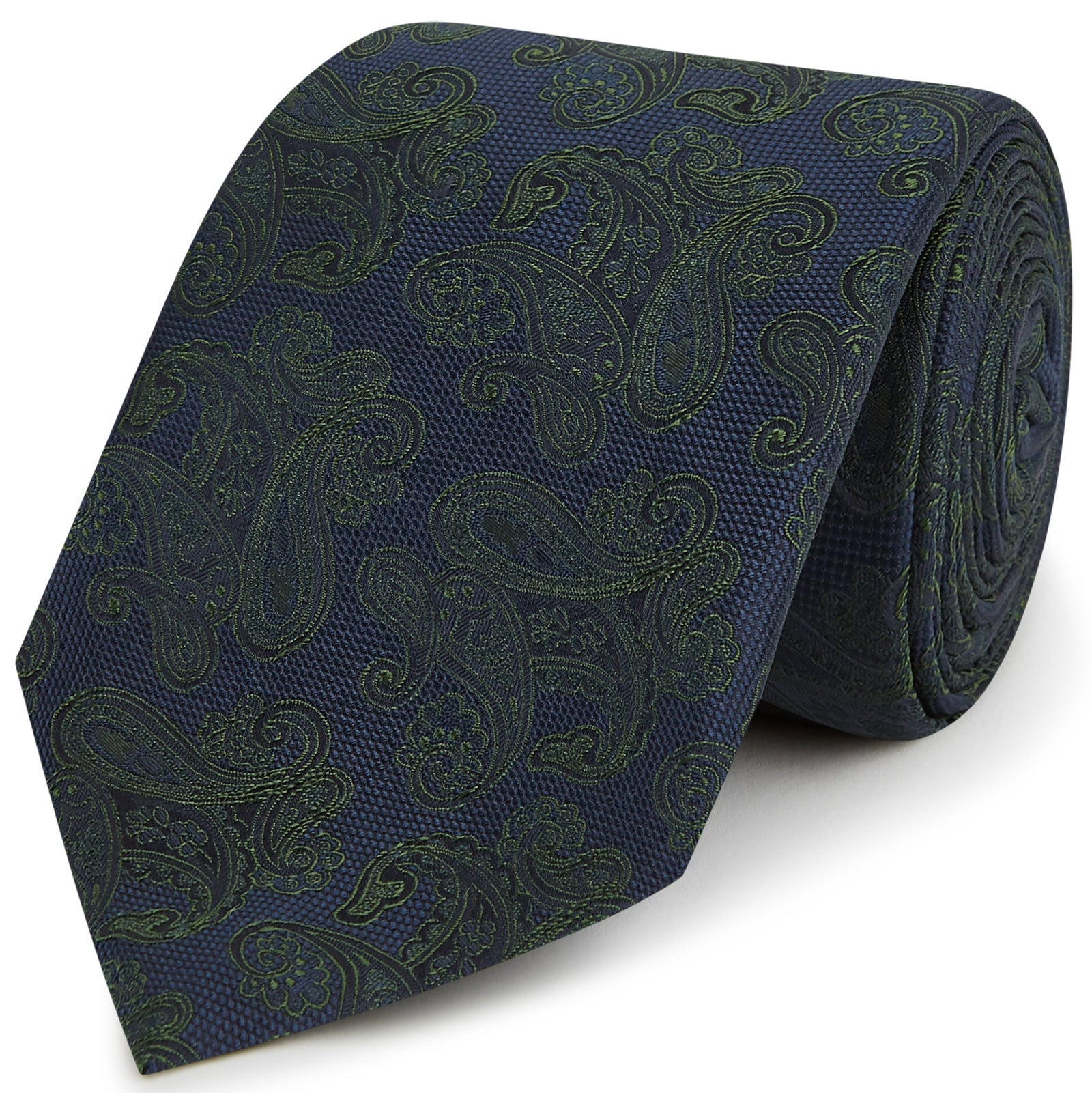 Navy Green Paisley Woven Silk Tie