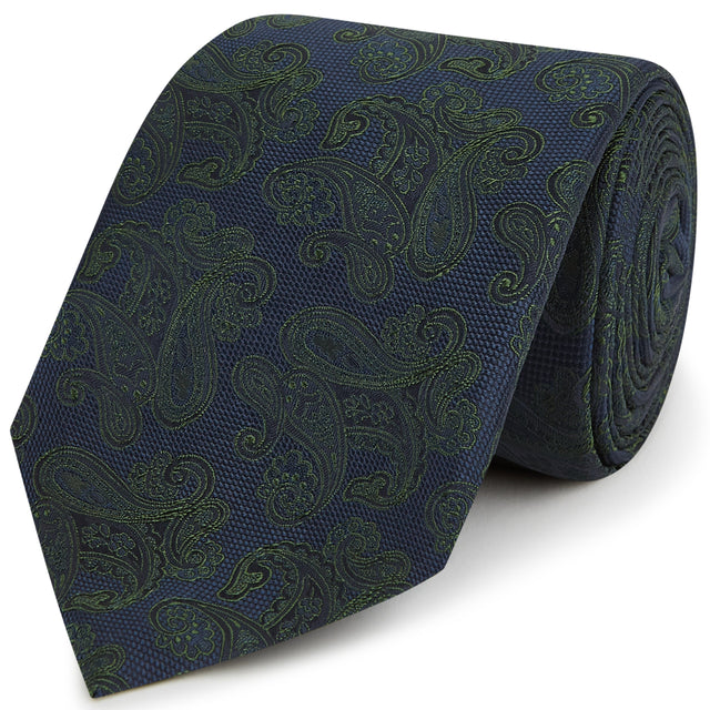 Navy Green Paisley Woven Silk Tie