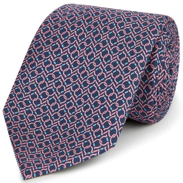 Navy Pink Circle Chain Print Silk Tie