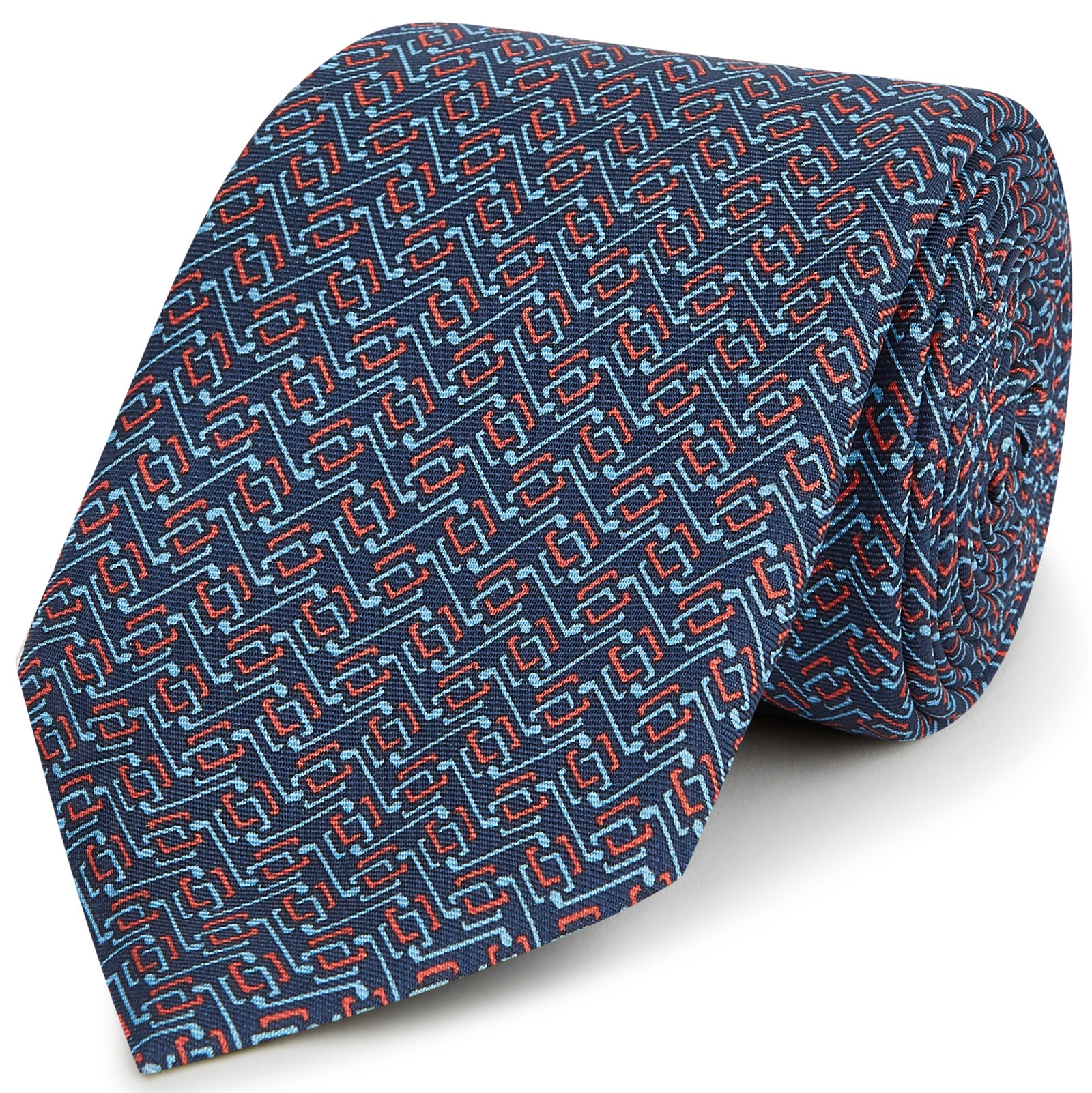 Blue Red Circuit Print Silk Tie