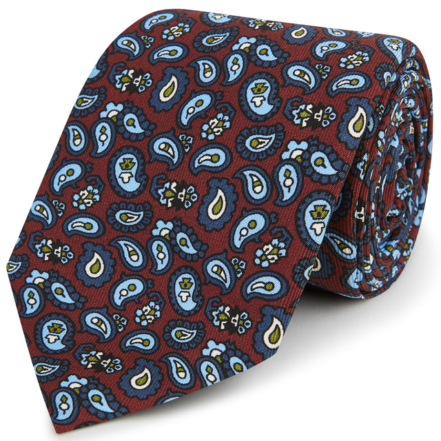 Burgundy Blue Madder Paisley Silk Printed Tie
