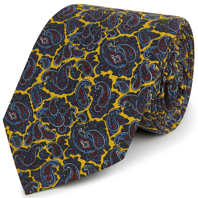 Ochre Blue Madder Paisley Silk Printed Tie