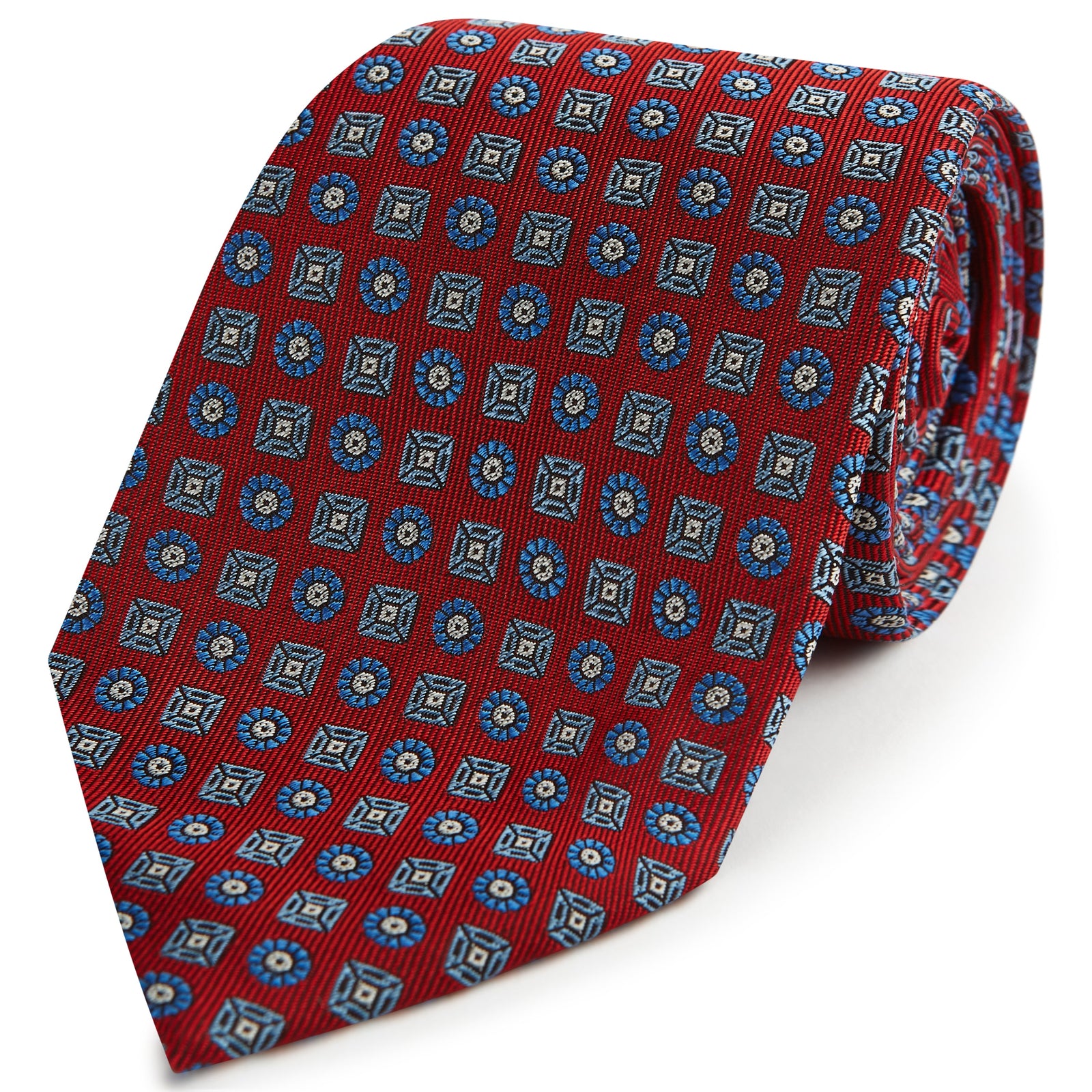 Red Blue Circle Diamond Woven Silk Tie