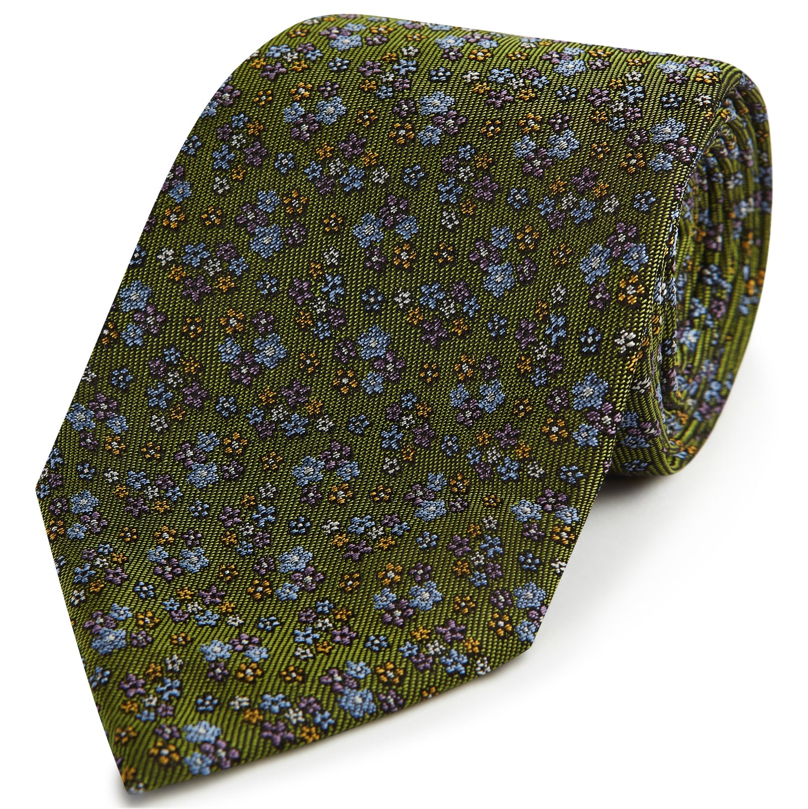 Green Twill Floral Woven Silk Tie