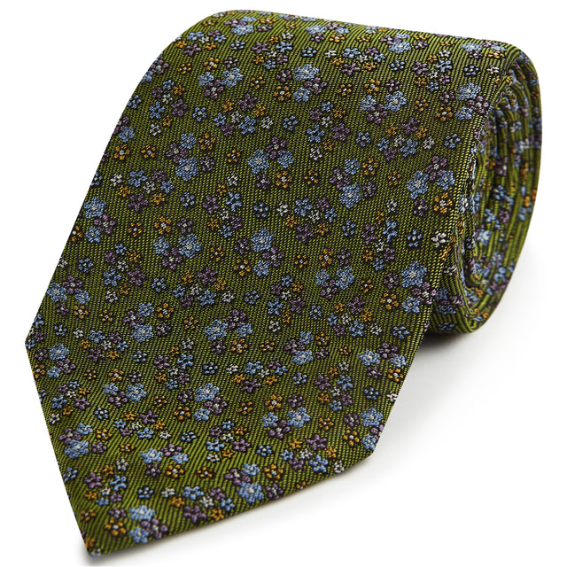 Green Twill Floral Woven Silk Tie