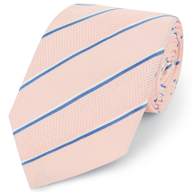 Pink Blue Hopsack Stripe Woven Silk Tie